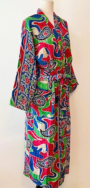 Bright Garden Block Print Cotton Kimono Robe Is Fresh and Colorful.