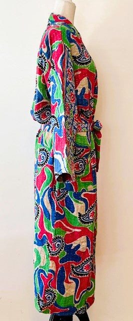 Bright Garden Block Print Cotton Kimono Robe Is Fresh and Colorful.