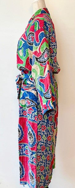 Bright Garden Block Print Cotton Kimono Robe Is Fresh and Colorful.