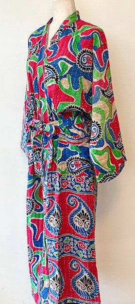 Bright Garden Block Print Cotton Kimono Robe Is Fresh and Colorful.