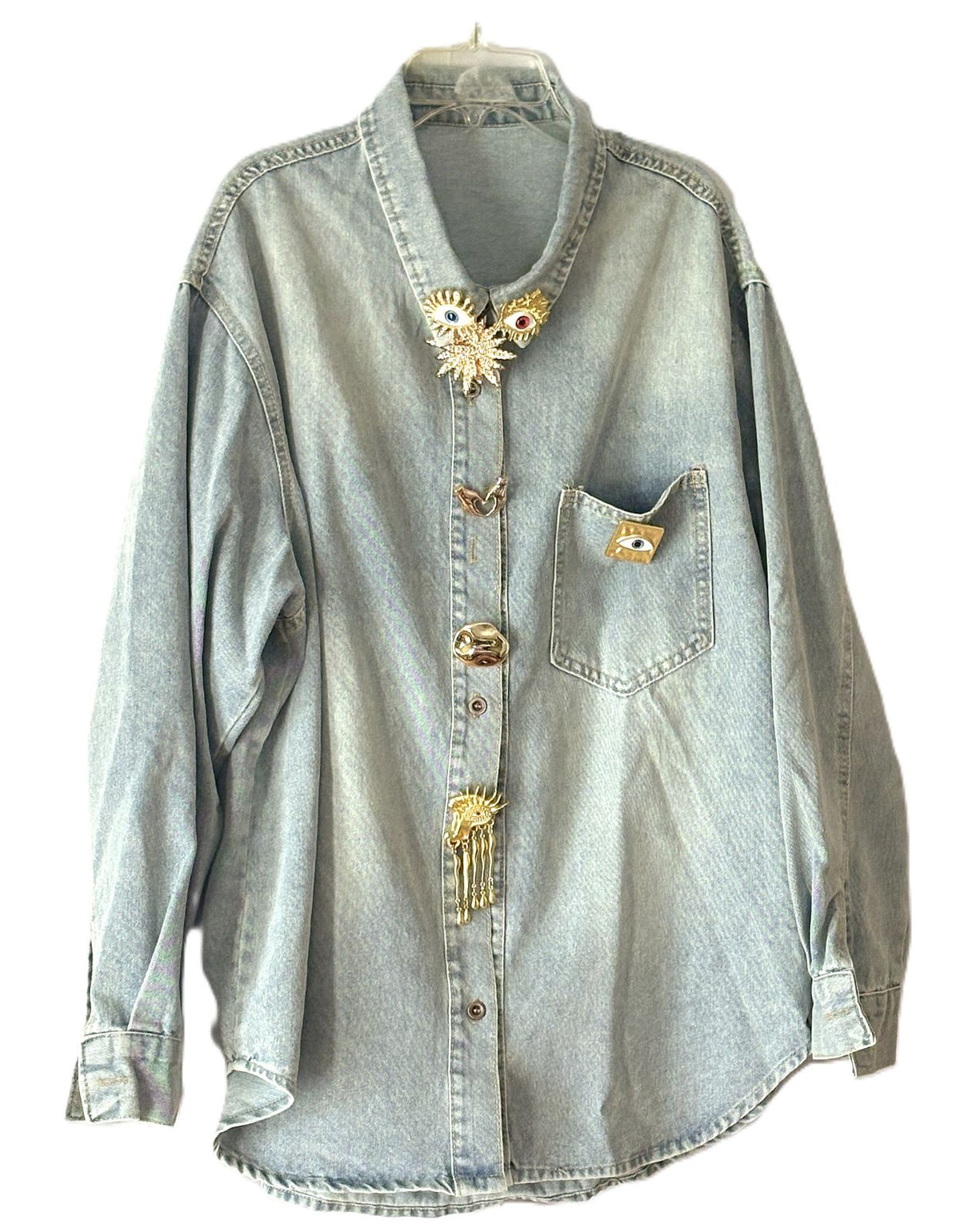Tops: Vintage Washed Denim Shirt Oversized With Decorative Metal Accents. Chic Style