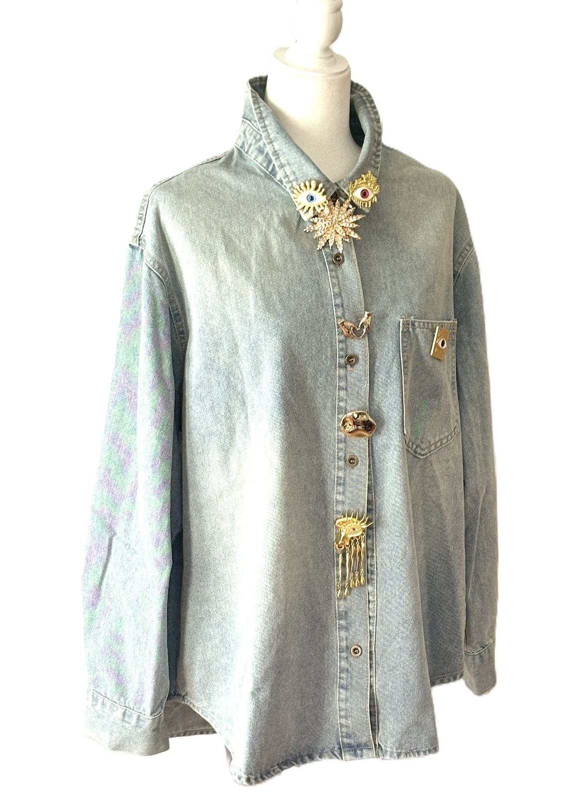 Tops: Vintage Washed Denim Shirt Oversized With Decorative Metal Accents. Chic Style