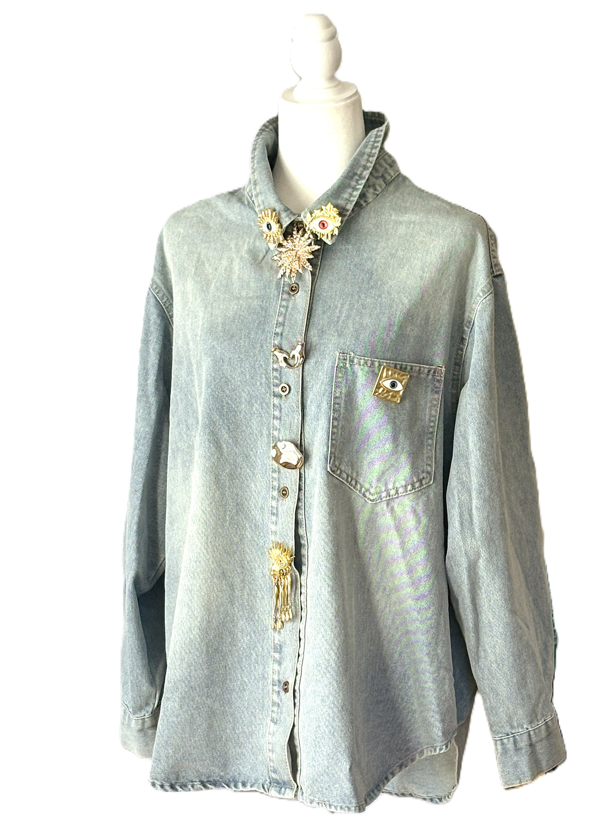 Tops: Vintage Washed Denim Shirt Oversized With Decorative Metal Accents. Chic Style