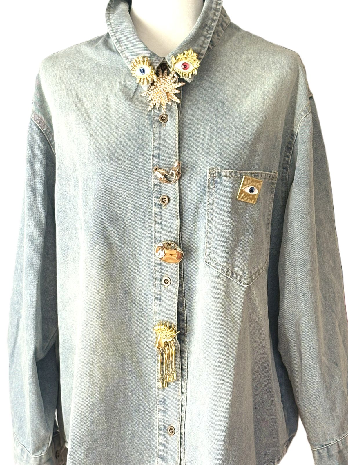Tops: Vintage Washed Denim Shirt Oversized With Decorative Metal Accents. Chic Style