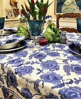 Smart Navy and White Print Table Cloth (60x90). (Megan)