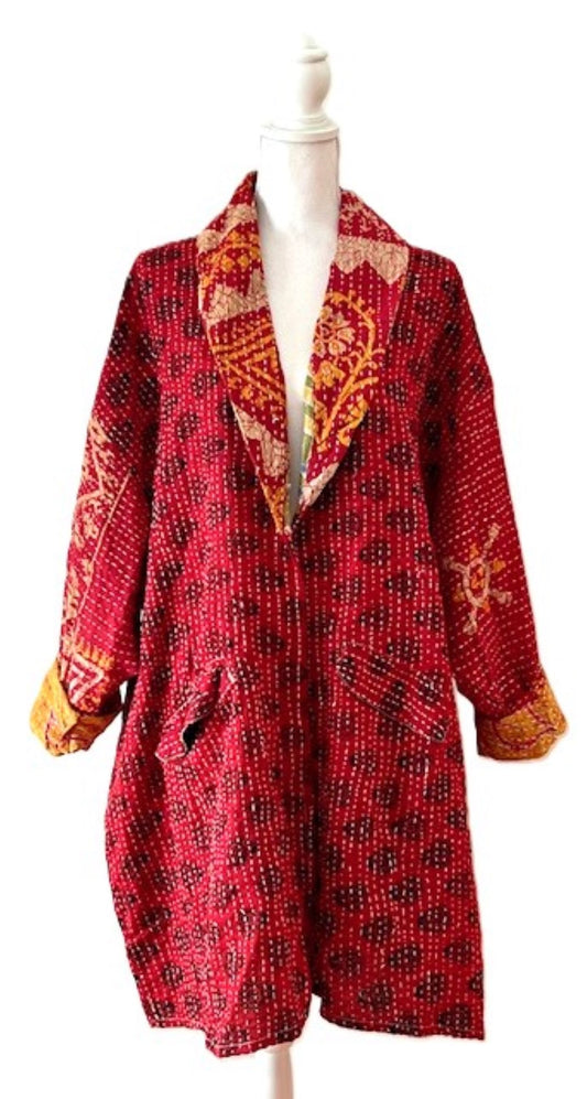 Kantha Bae Fully Reversible Kantha Stitched Oversized Blazer (Red)