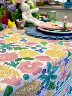 Colorful April Flowers Hand Screen Printed Table Cloth (60x90). (April)