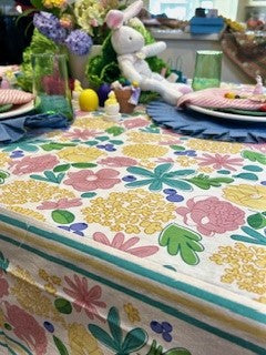 Colorful April Flowers Hand Screen Printed Table Cloth (60x90). (April)