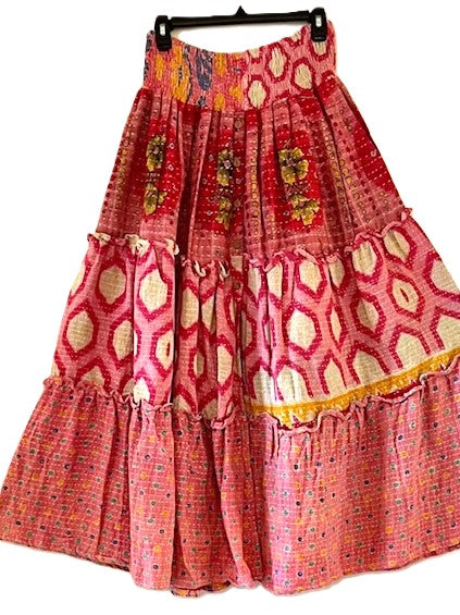 Kantha Bae Patchwork Monarch Maxi Skirt, Mixed Print.  Pink