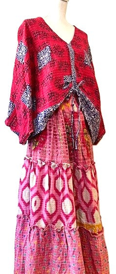 Kantha Bae Patchwork Monarch Maxi Skirt, Mixed Print.  Pink