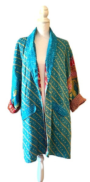 Kantha Bae Fully Reversible Kantha Stitched Oversized Blazer (Turquoise)