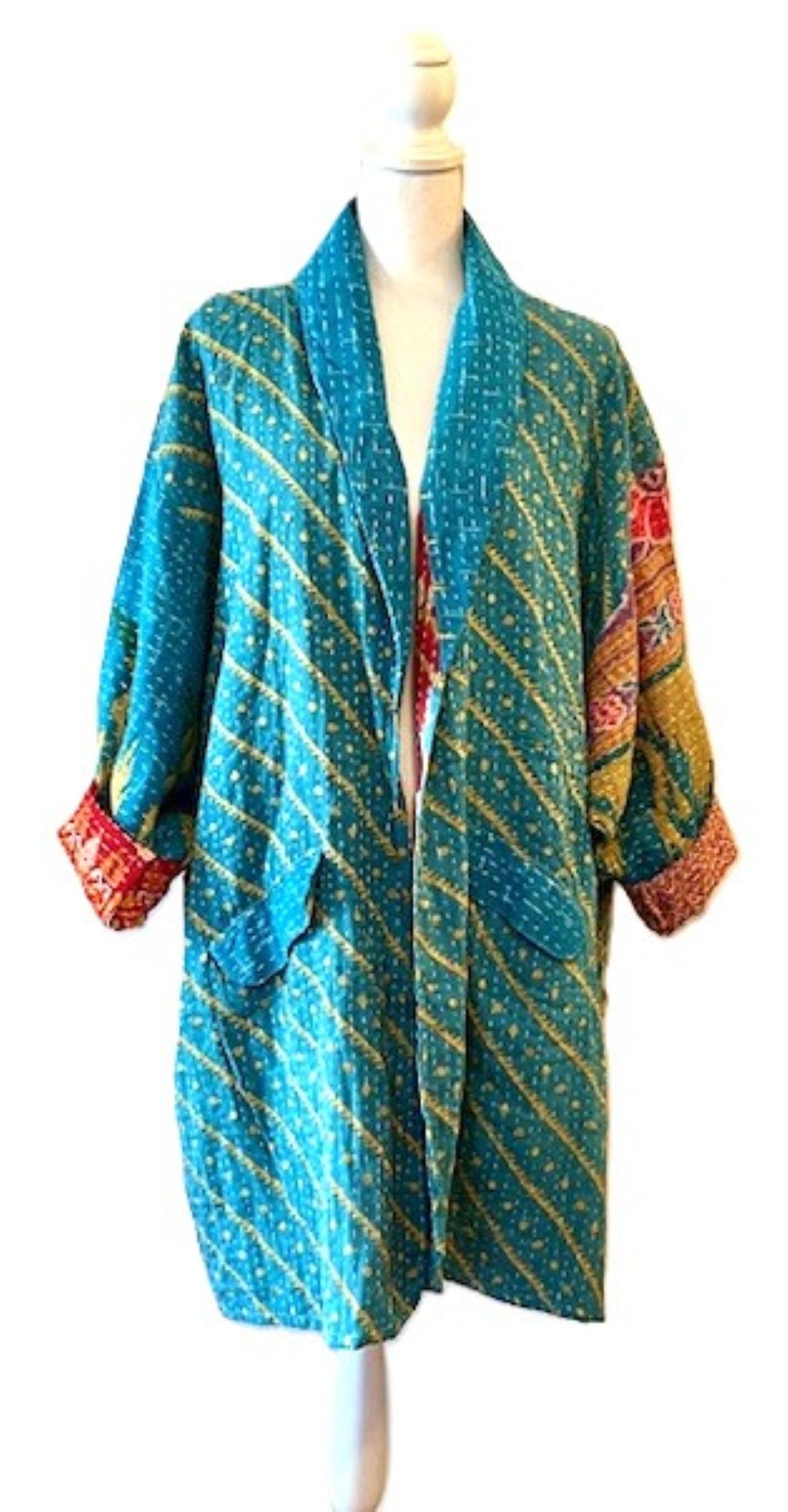 Kantha Bae Fully Reversible Kantha Stitched Oversized Blazer (Turquoise)