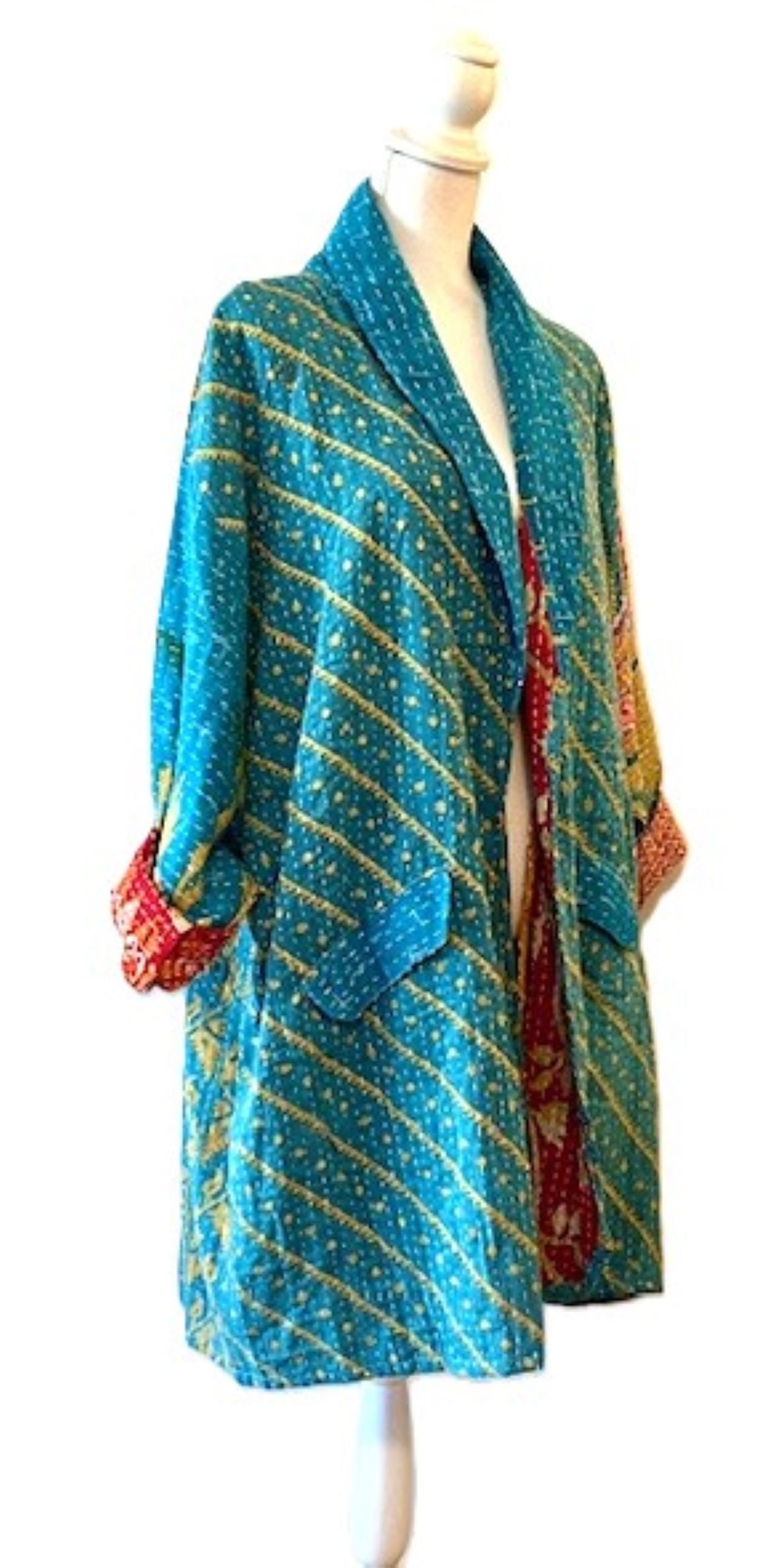 Kantha Bae Fully Reversible Kantha Stitched Oversized Blazer (Turquoise)