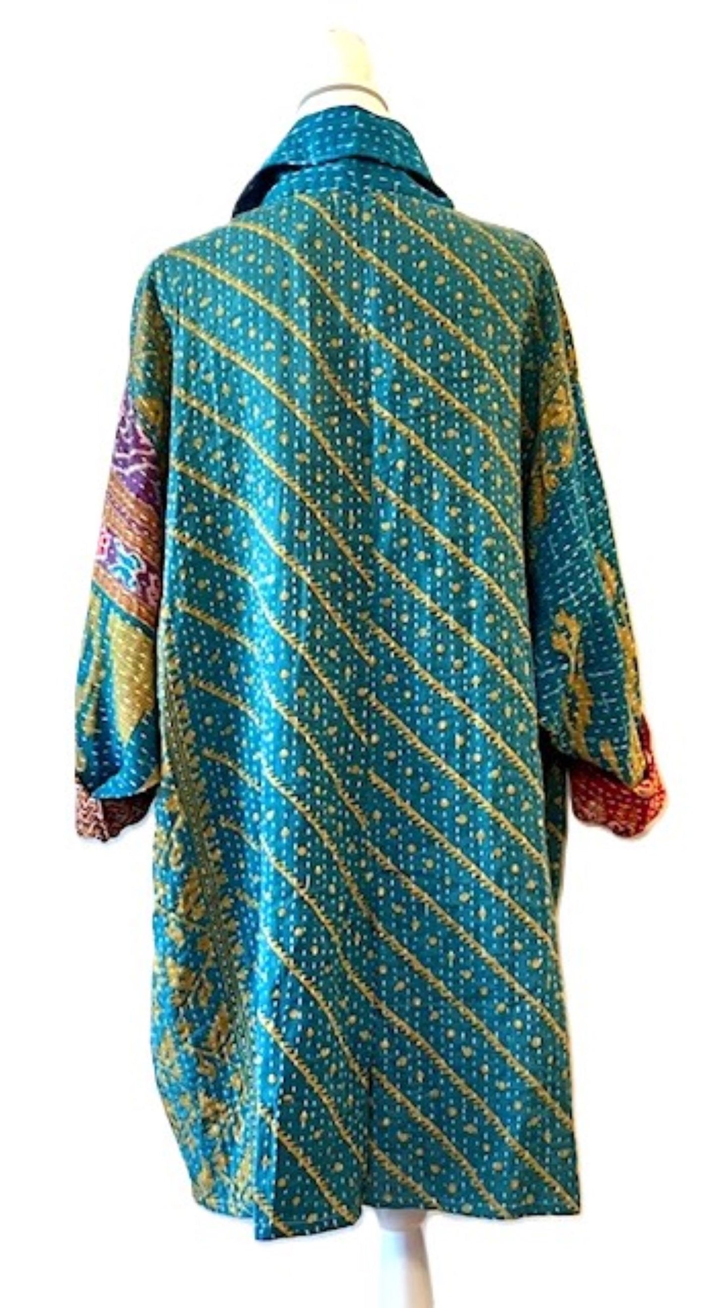 Kantha Bae Fully Reversible Kantha Stitched Oversized Blazer (Turquoise)