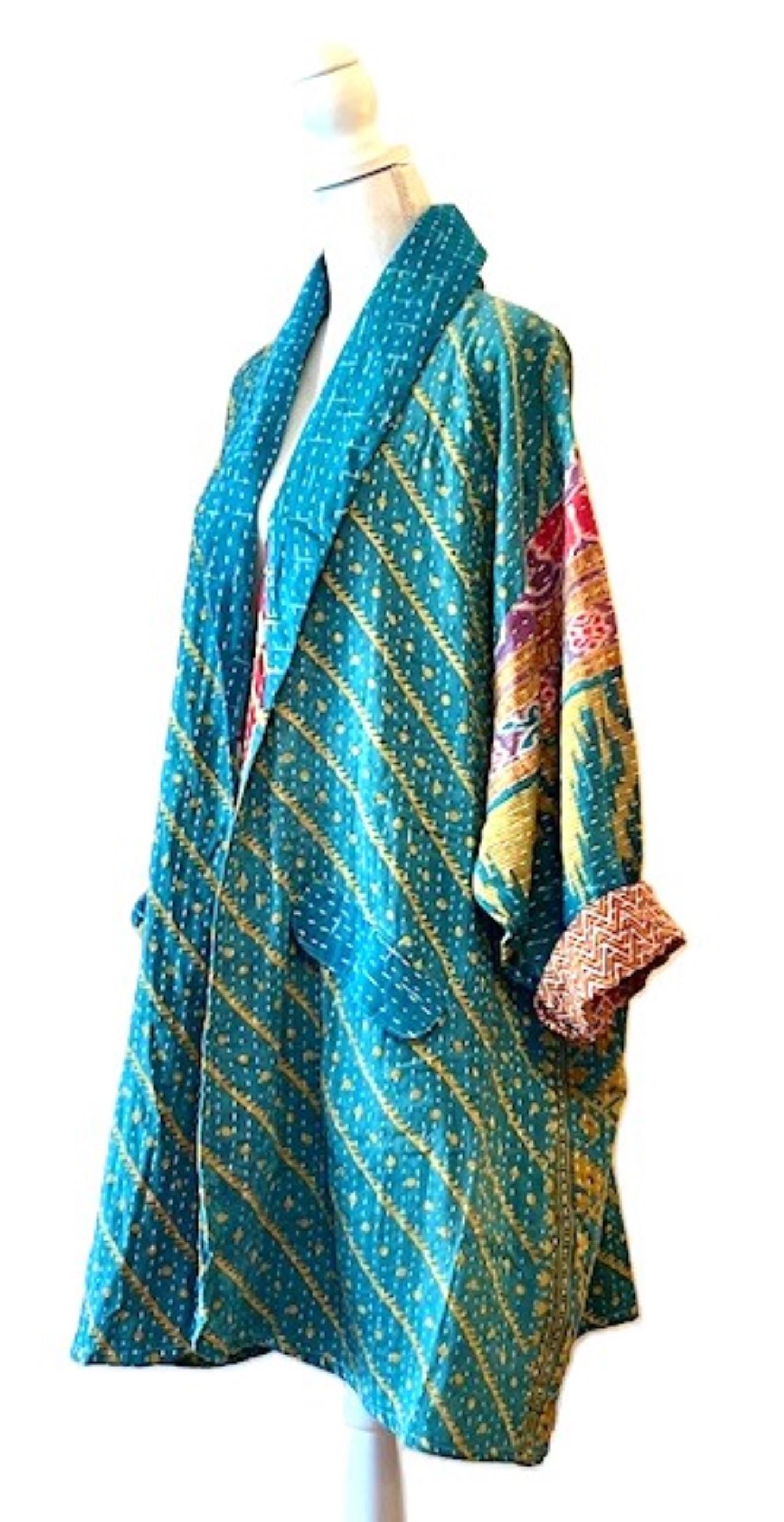 Kantha Bae Fully Reversible Kantha Stitched Oversized Blazer (Turquoise)