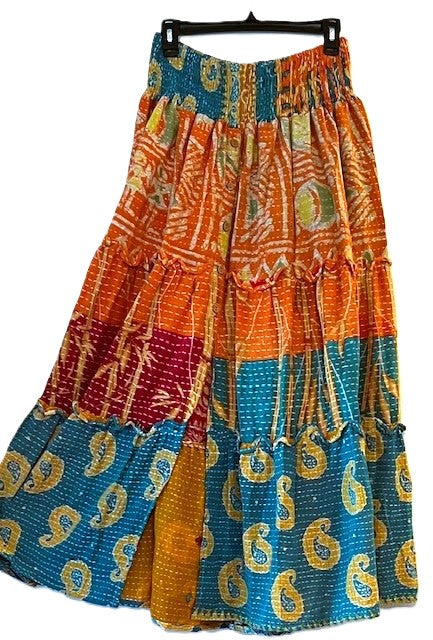 Kantha Bae Patchwork Monarch Maxi Skirt, Mixed Print.  Orange