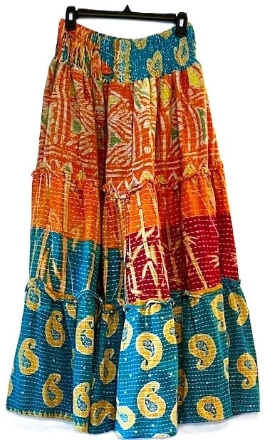 Kantha Bae Patchwork Monarch Maxi Skirt, Mixed Print.  Orange