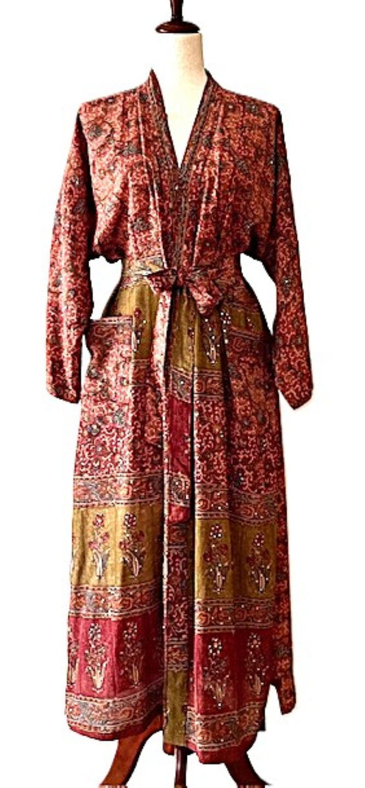Top of the Line Silk Kimono Duster,  Rich Warm Print, Engineered Border