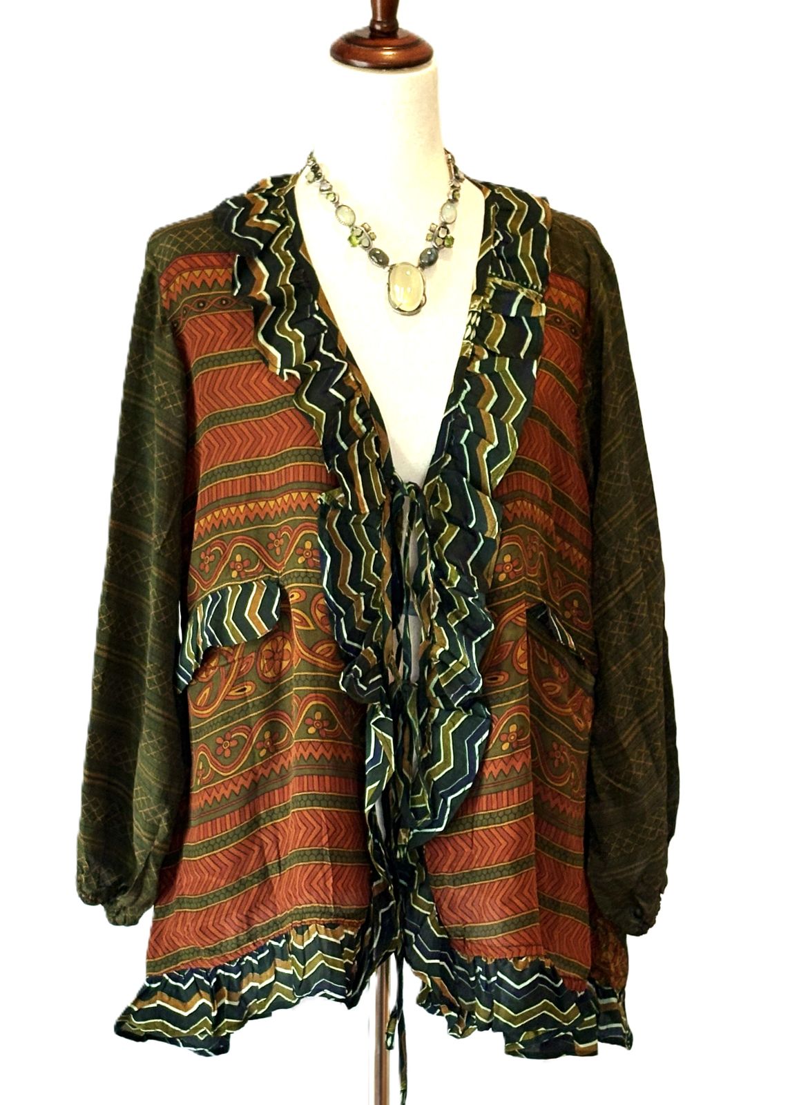 Kantha Bae Crepe Sari Ruffle Daisy Blouse (Harvest Green)