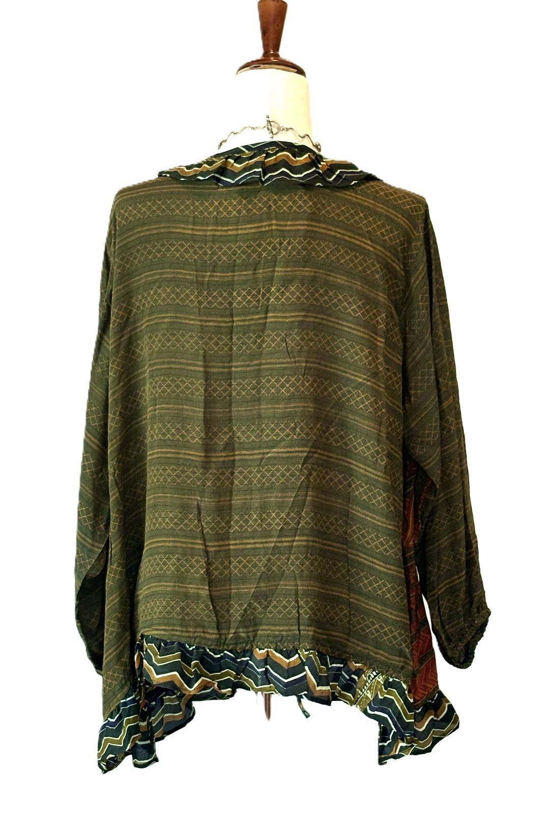 Kantha Bae Crepe Sari Ruffle Daisy Blouse (Harvest Green)
