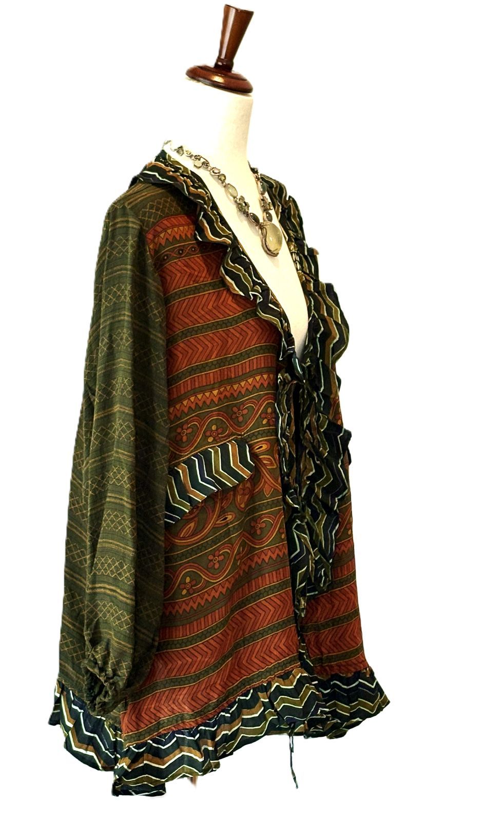 Kantha Bae Crepe Sari Ruffle Daisy Blouse (Harvest Green)
