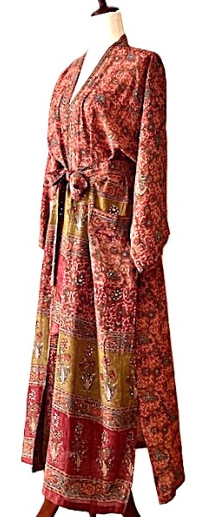 Top of the Line Silk Kimono Duster,  Rich Warm Print, Engineered Border