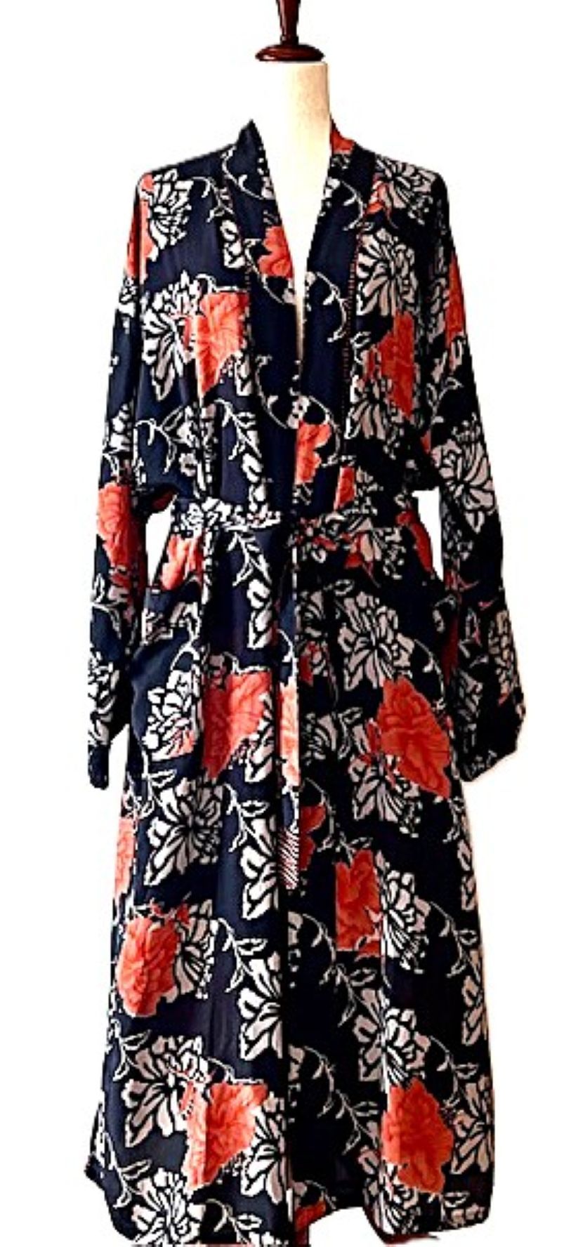 Long Silk Kimono Duster,  Dramatic Red Floral Against A Black Background