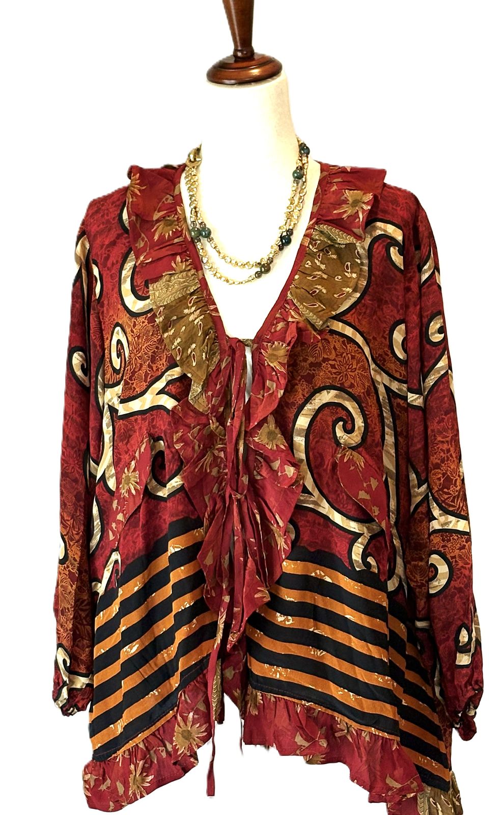 Kantha Bae Crepe Sari Ruffle Daisy Blouse (Wine)
