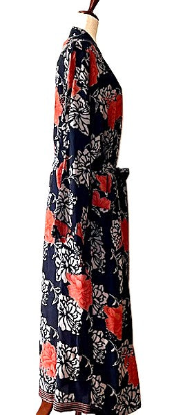 Long Silk Kimono Duster,  Dramatic Red Floral Against A Black Background