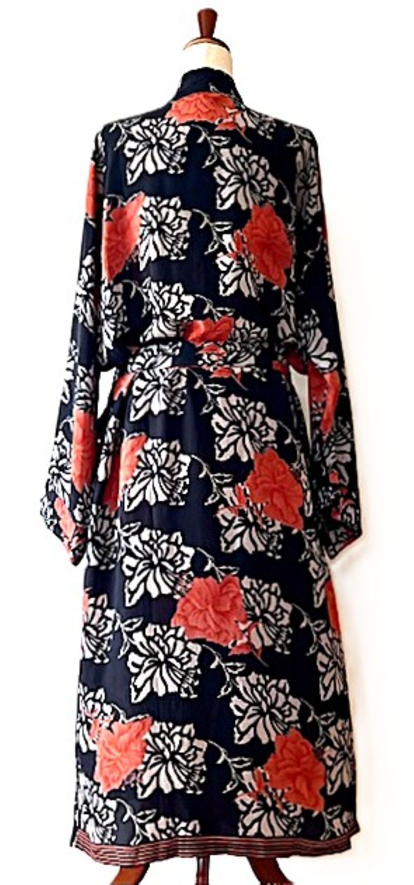 Long Silk Kimono Duster,  Dramatic Red Floral Against A Black Background