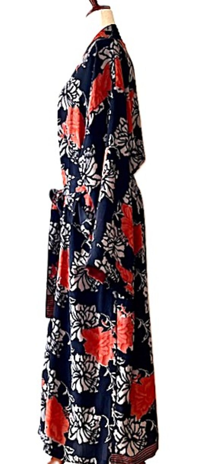 Long Silk Kimono Duster,  Dramatic Red Floral Against A Black Background