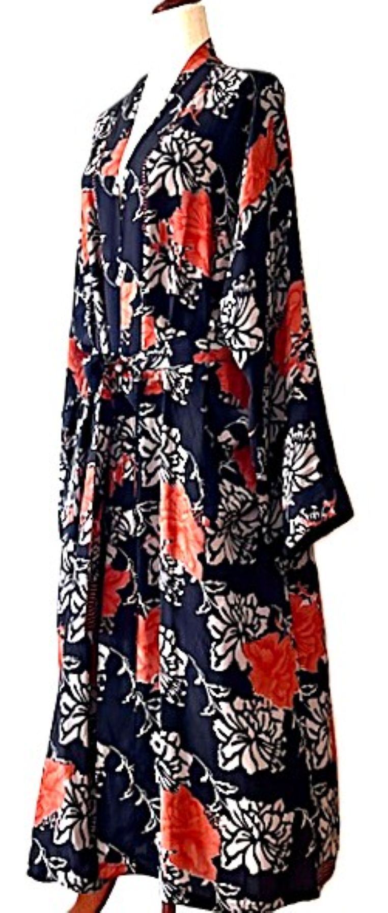 Long Silk Kimono Duster,  Dramatic Red Floral Against A Black Background