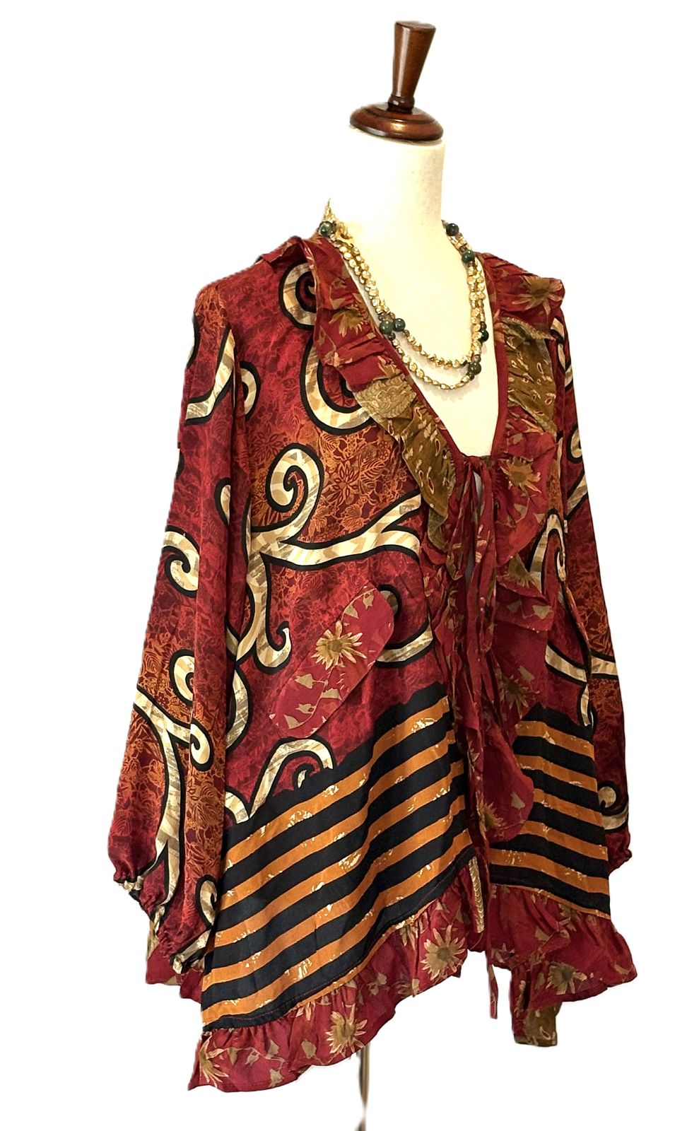 Kantha Bae Crepe Sari Ruffle Daisy Blouse (Wine)