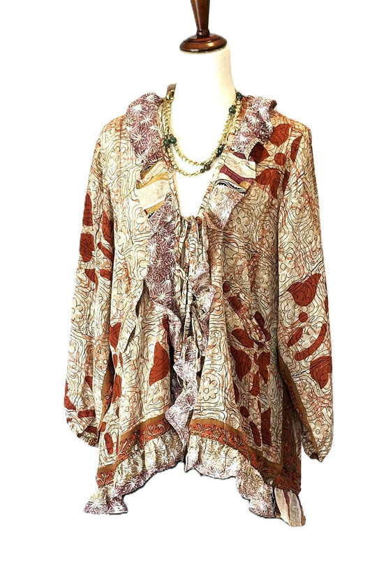 Kantha Bae Crepe Sari Ruffle Daisy Blouse (Beige)