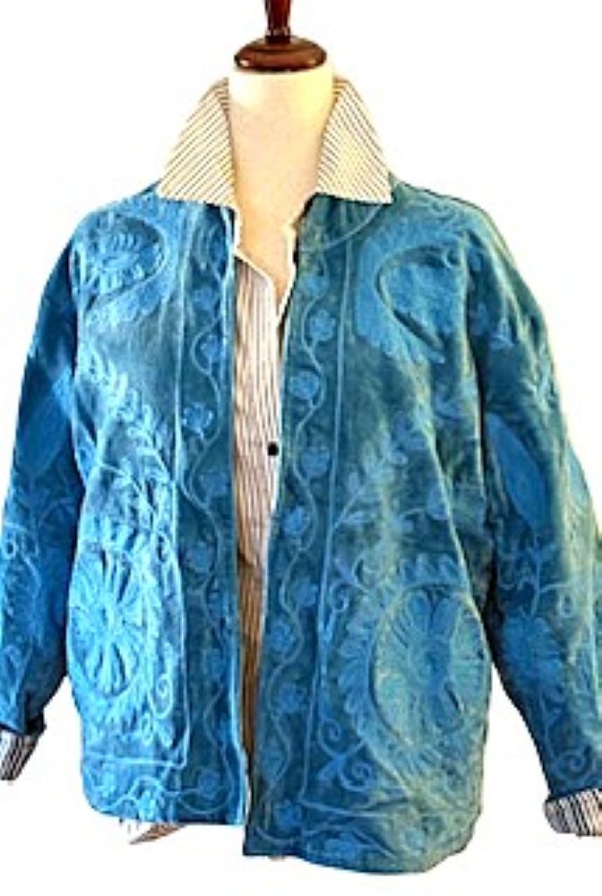 Jacket, Wearable Art In This Hand Embroidered Short Velvet Top (Sky Blue)