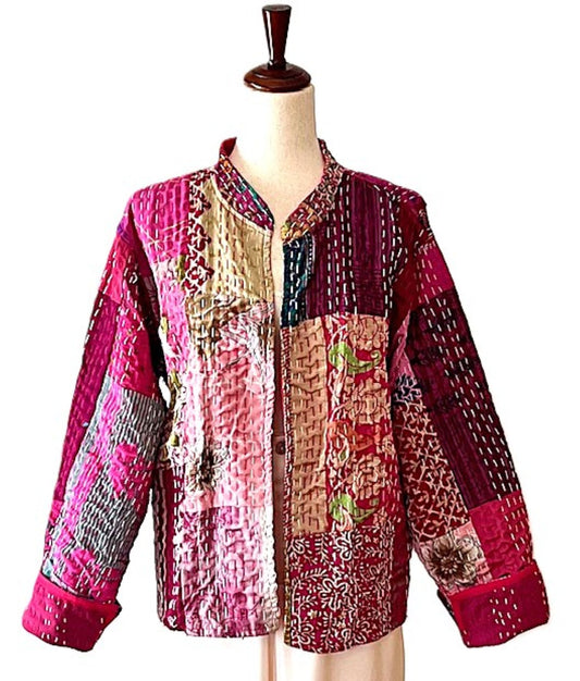 Jacket, Fully Reversible Cotton Quilted  Patchwork Jacket With Kantha Stitching (Rose)