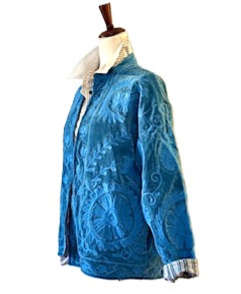 Jacket, Wearable Art In This Hand Embroidered Short Velvet Top (Sky Blue)