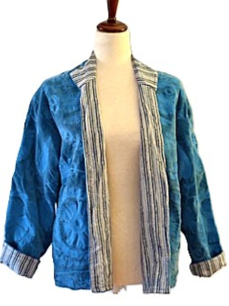 Jacket, Wearable Art In This Hand Embroidered Short Velvet Top (Sky Blue)