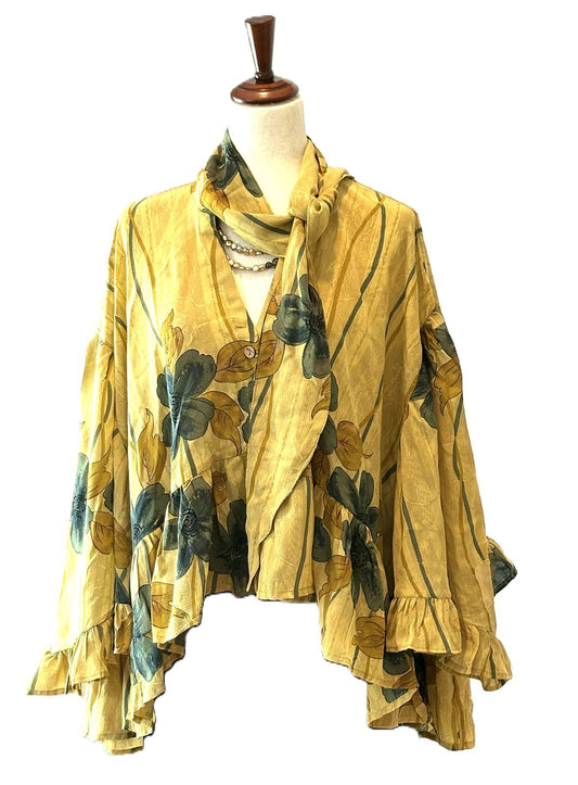 Kantha Bae Crepe Sari Wid Rose Romantic Top  (Mustard)