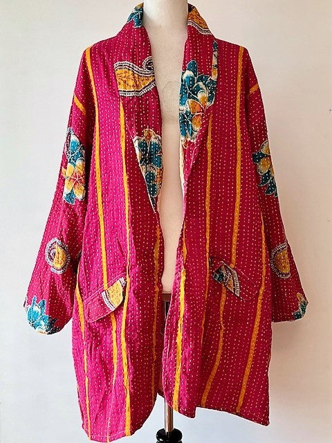 Kantha Bae Fully Reversible Kantha Stitched Oversized Blazer (Fuschia Stripe)