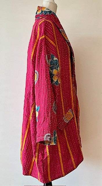 Kantha Bae Fully Reversible Kantha Stitched Oversized Blazer (Fuschia Stripe)