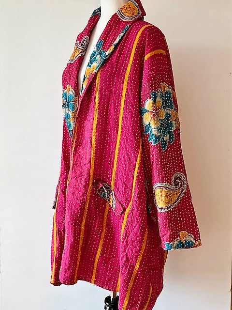 Kantha Bae Fully Reversible Kantha Stitched Oversized Blazer (Fuschia Stripe)