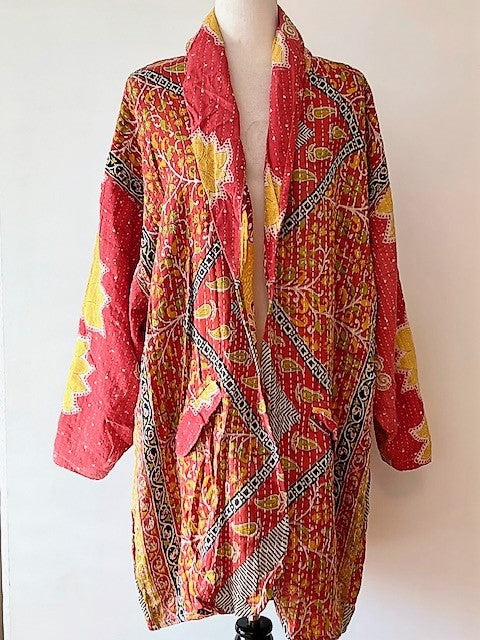 Kantha Bae Fully Reversible Kantha Stitched Oversized Blazer (Red )