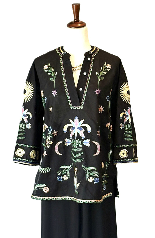 Handmade Cotton Tunic Displays Mystical Embroidered Elegance