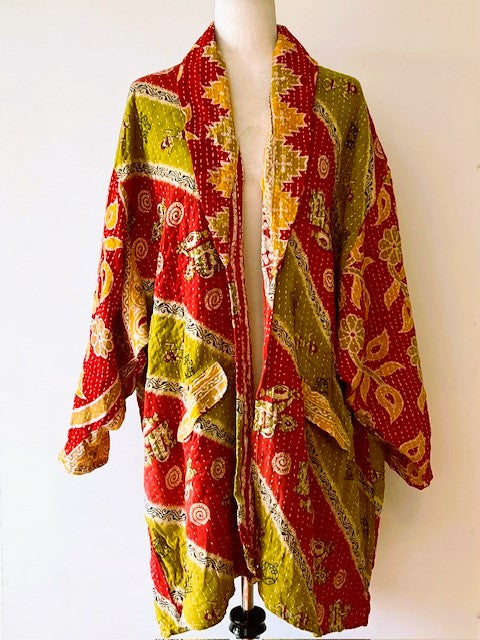 Kantha Bae Fully Reversible Kantha Stitched Oversized Blazer (Olive, Red )