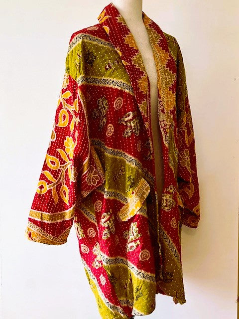 Kantha Bae Fully Reversible Kantha Stitched Oversized Blazer (Olive, Red )