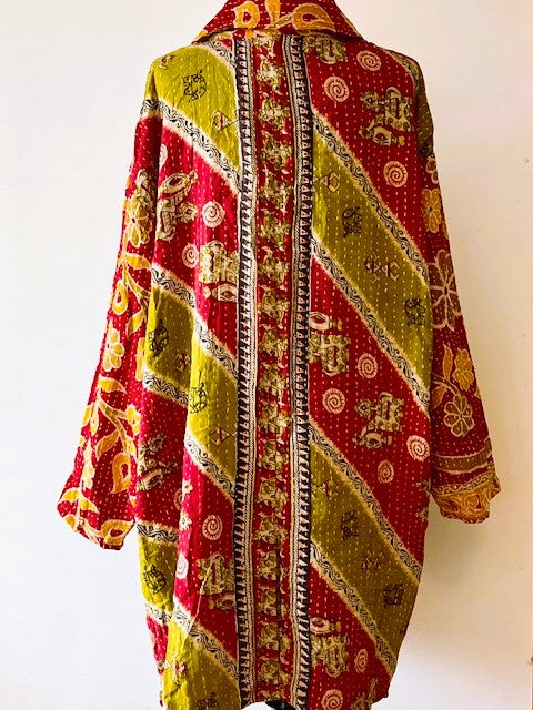 Kantha Bae Fully Reversible Kantha Stitched Oversized Blazer (Olive, Red )