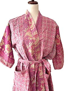 Fully Reversible Short Block Print Cotton Kimono Is Feminine. (Pink)