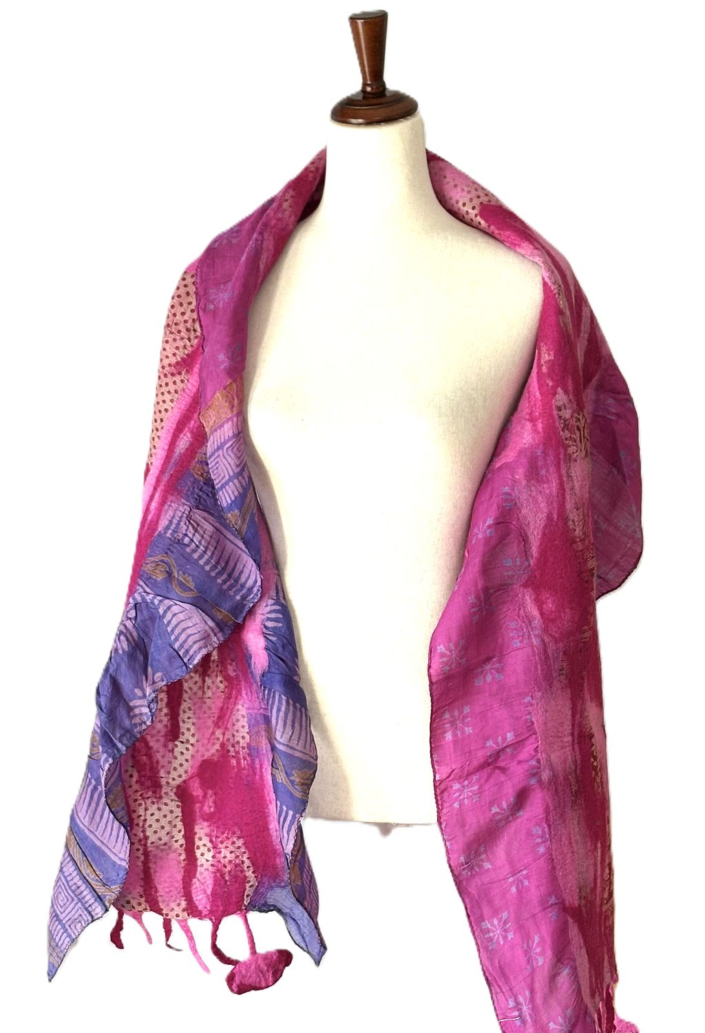 Artisan Shawl, Handmade Merino Wool And Vintage Silk Sari Wrap. (Pink)