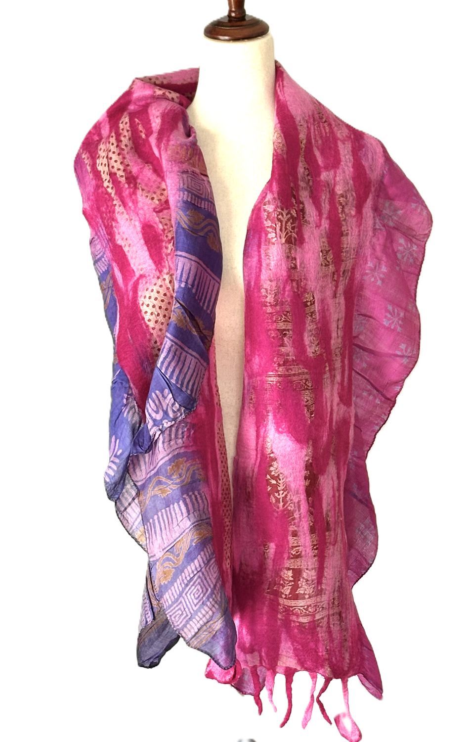 Artisan Shawl, Handmade Merino Wool And Vintage Silk Sari Wrap. (Pink)